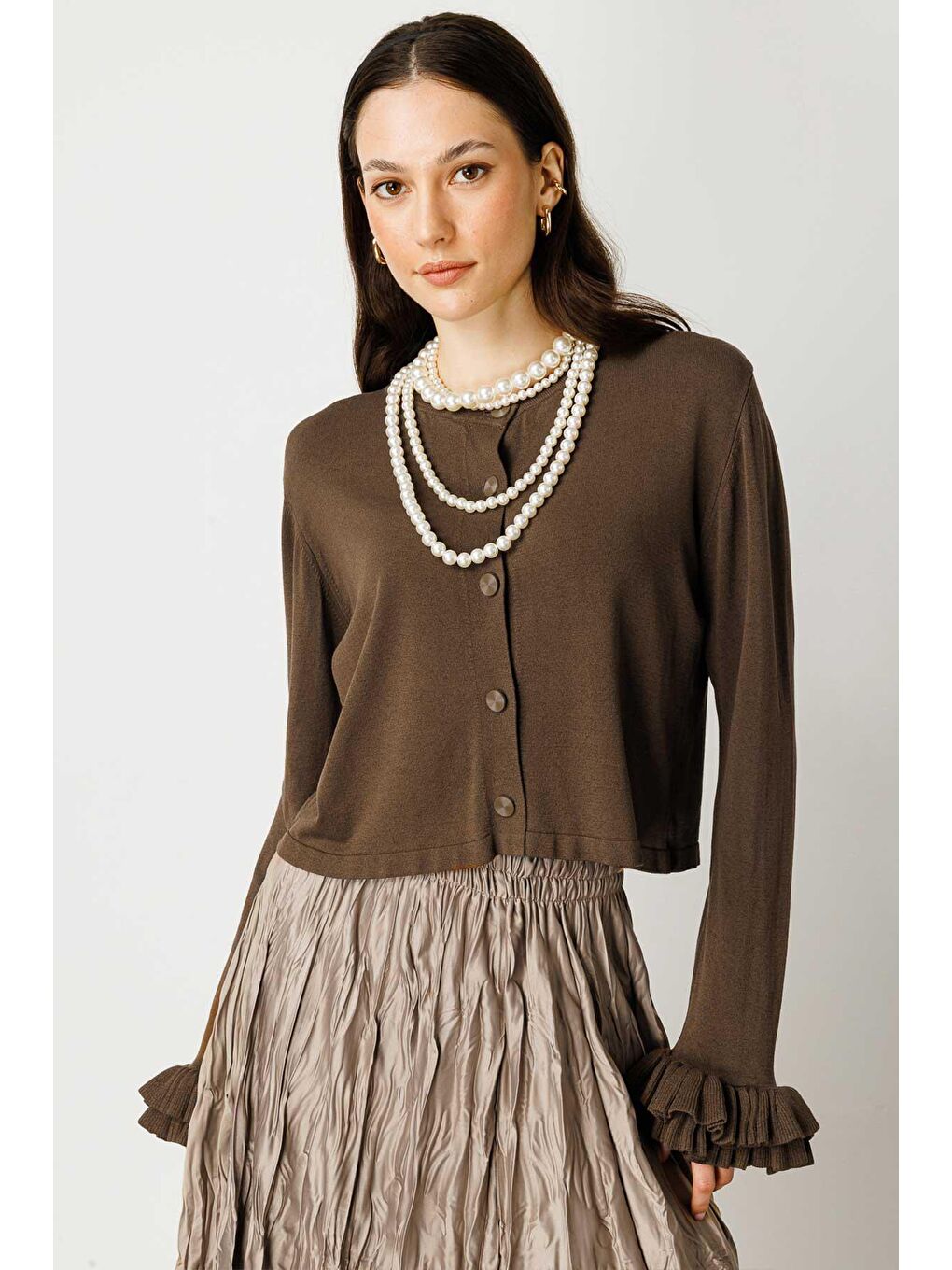 Kahverengi Volanlı Midi Boy Hırka - Koyu Kahve