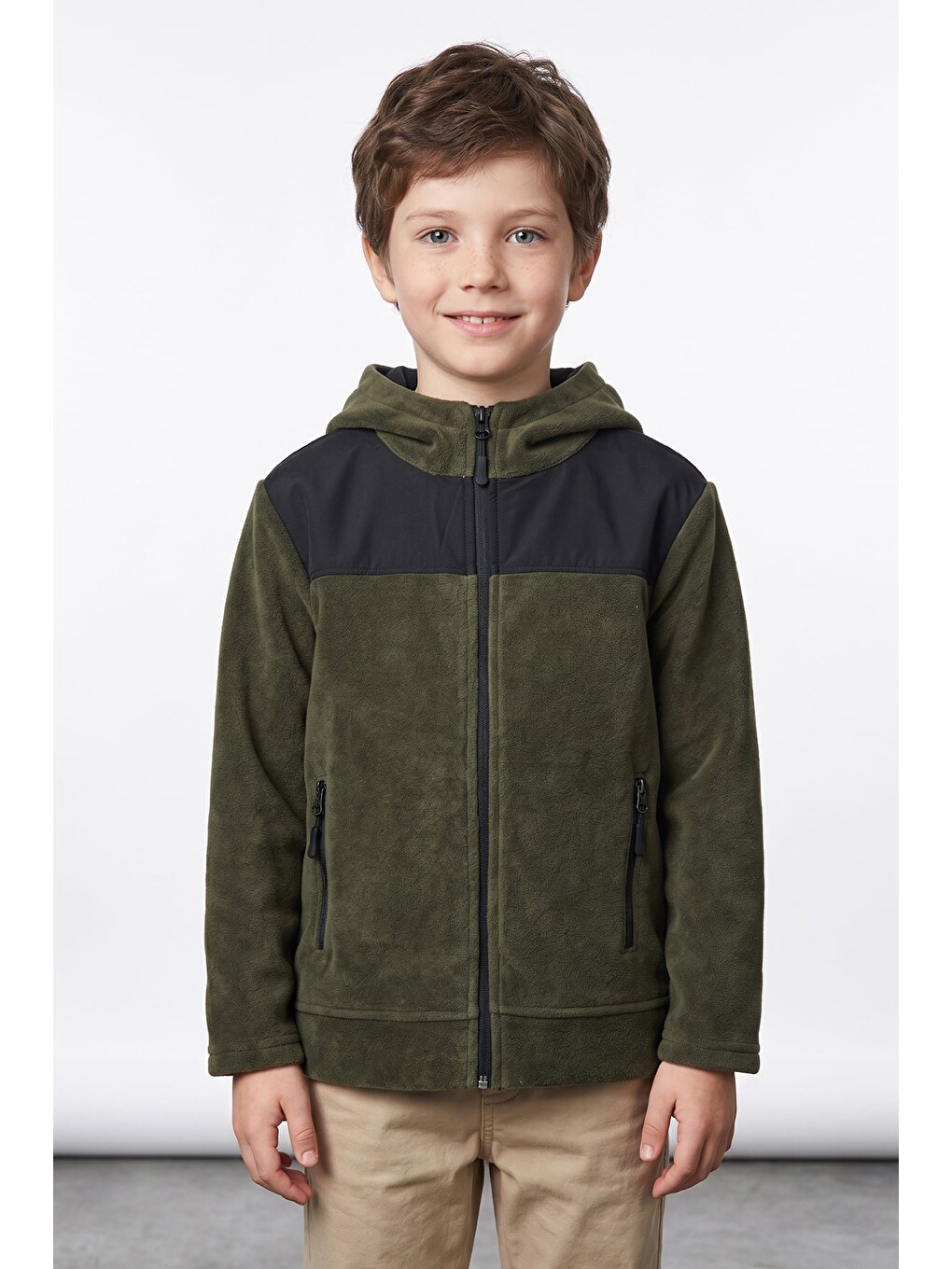 Haki Paraşüt Kumaş Detaylı Kapüşonlu Polar Erkek Çocuk Sweatshirt-1