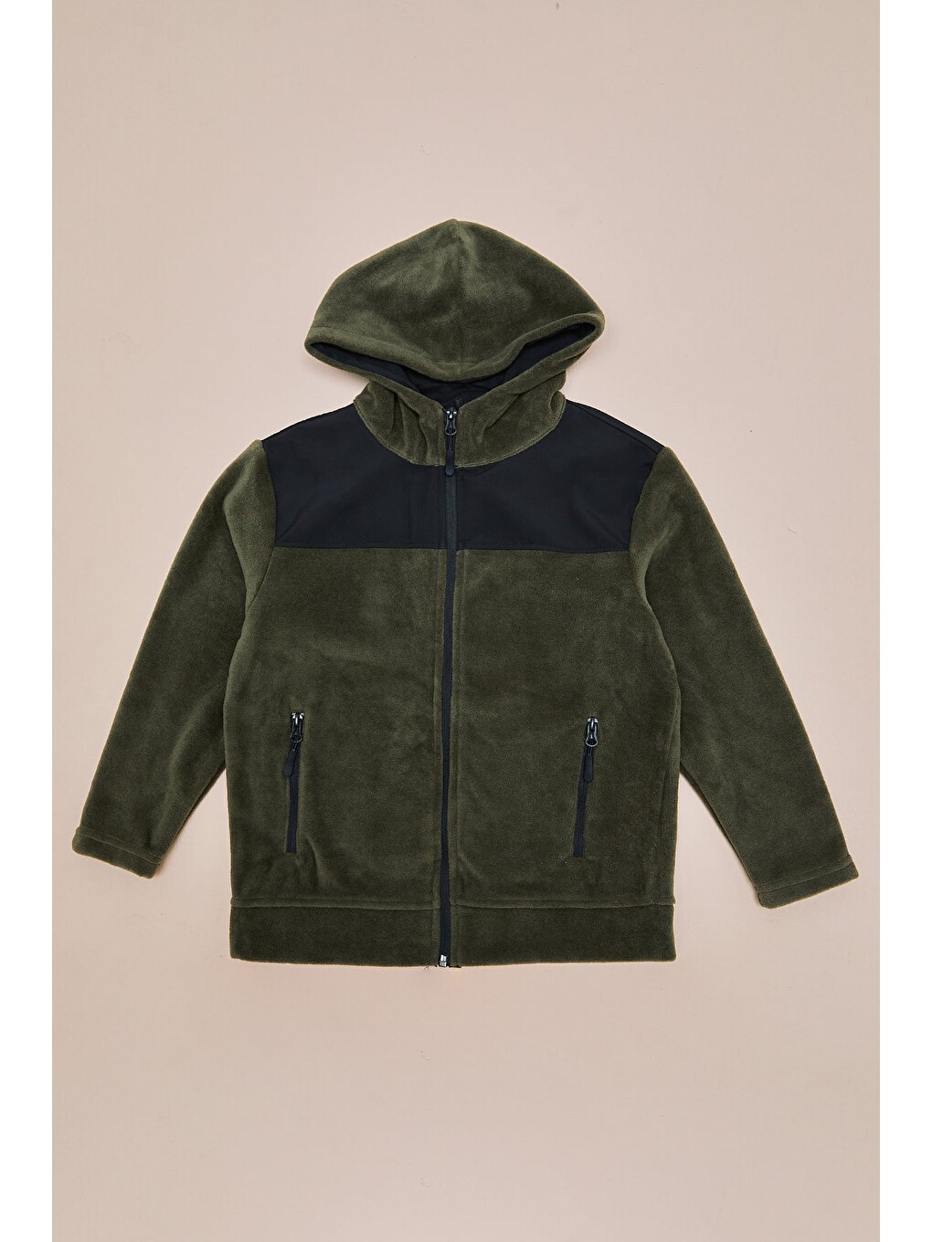 Haki Paraşüt Kumaş Detaylı Kapüşonlu Polar Erkek Çocuk Sweatshirt-2