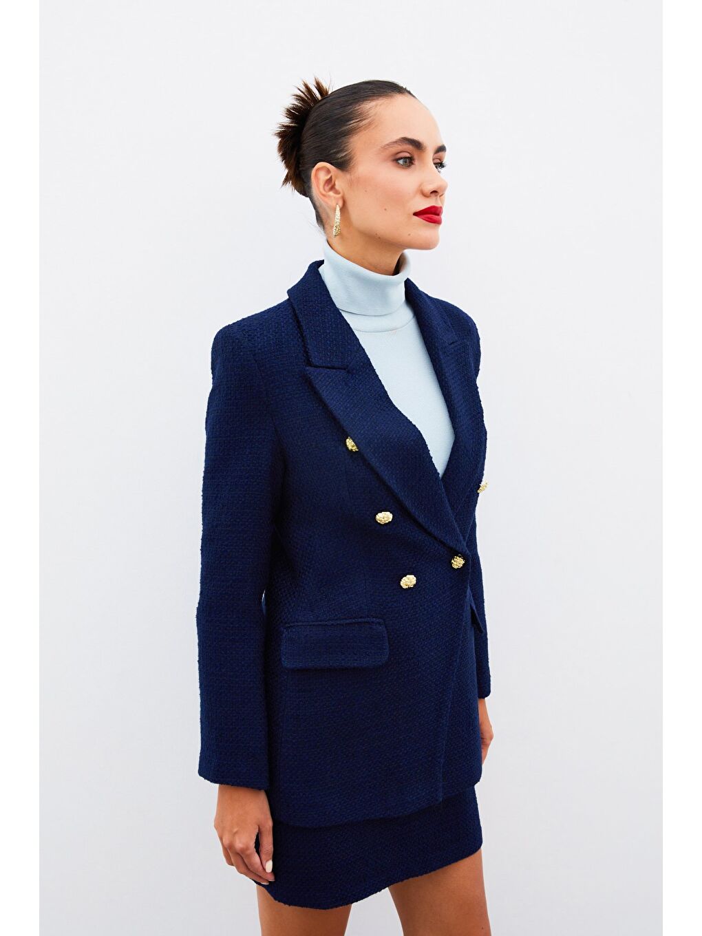 Düğme Detaylı Tüvit Ceket - Lacivert-1