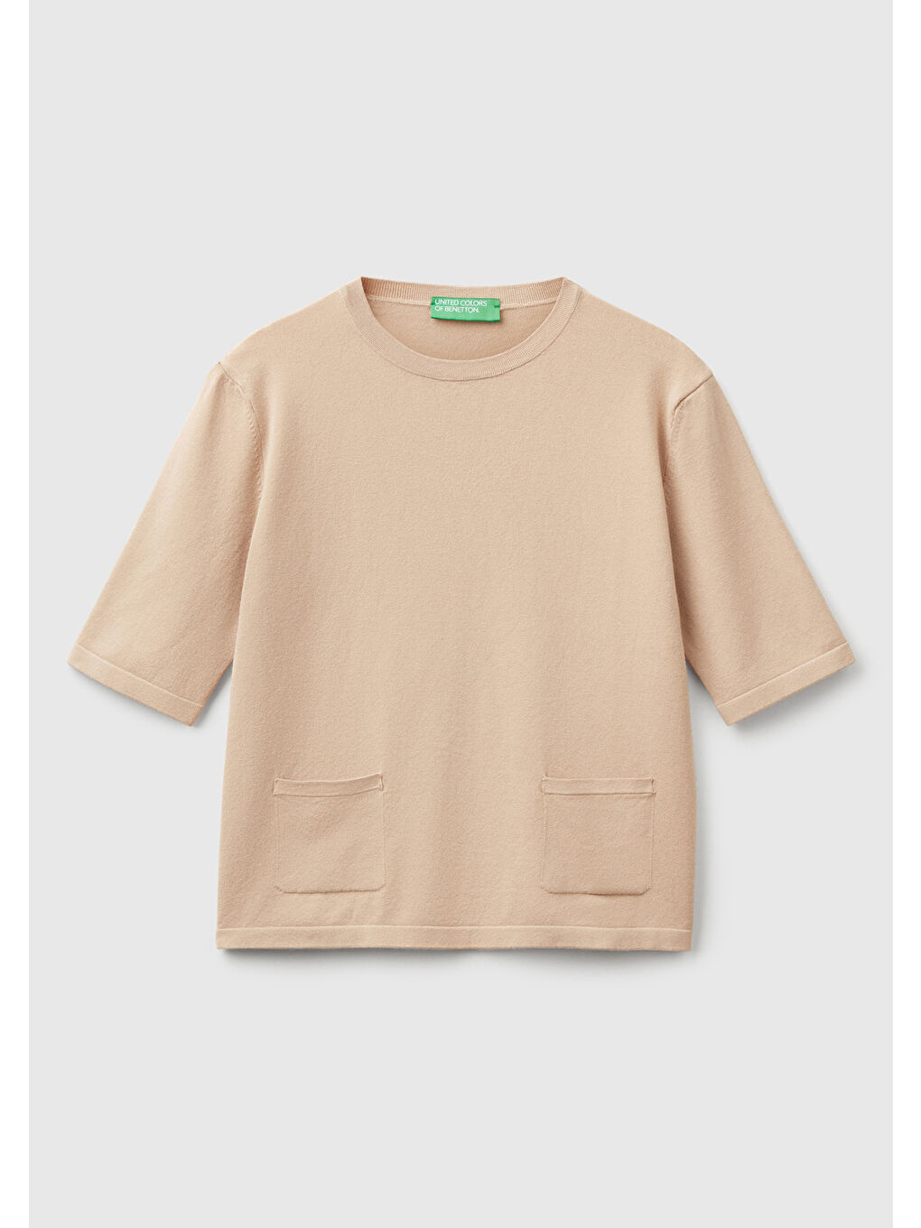 Kadın Bej Streç Kumaşlı Önü Cepli Relax Fit Bisiklet Yaka Kazak-1