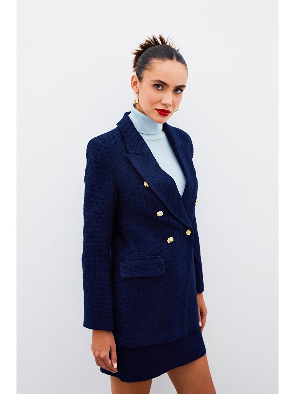 Düğme Detaylı Tüvit Ceket - Lacivert-4