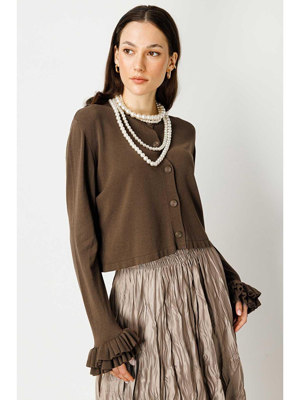 Kahverengi Volanlı Midi Boy Hırka - Koyu Kahve-2