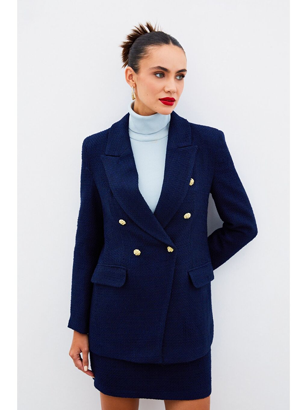 Düğme Detaylı Tüvit Ceket - Lacivert-5