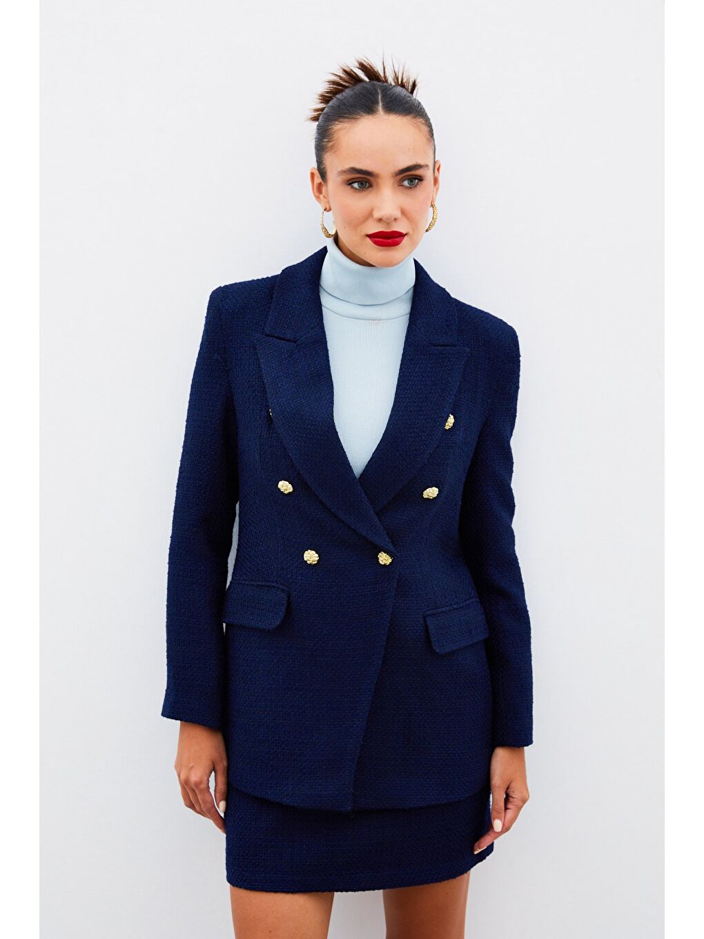 Düğme Detaylı Tüvit Ceket - Lacivert-6