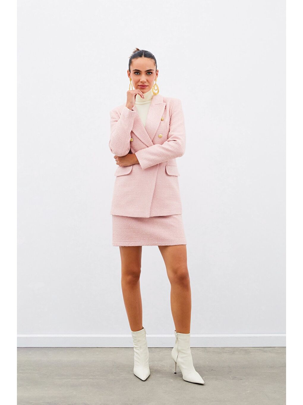 Pembe Düğme Detaylı Tüvit Ceket - Pudra-1