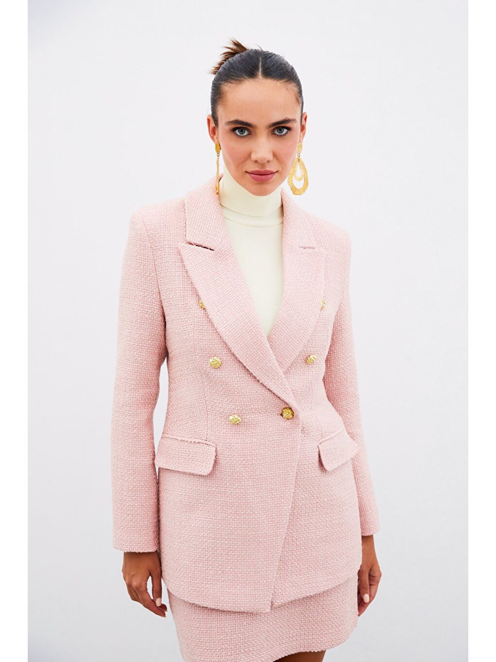 Pembe Düğme Detaylı Tüvit Ceket - Pudra-2