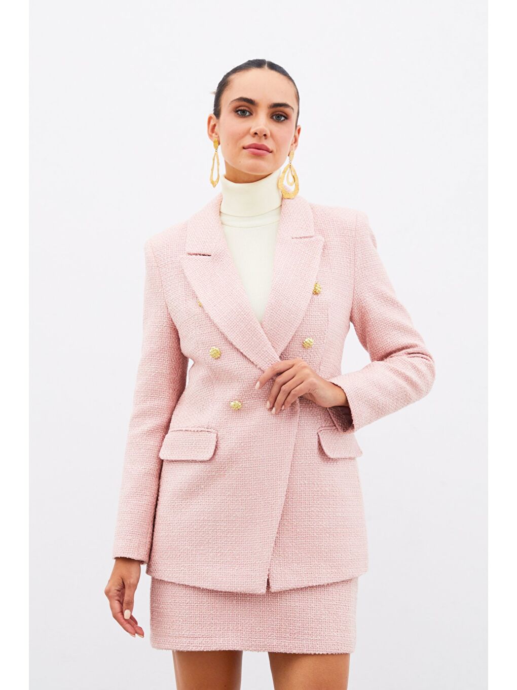 Pembe Düğme Detaylı Tüvit Ceket - Pudra-3