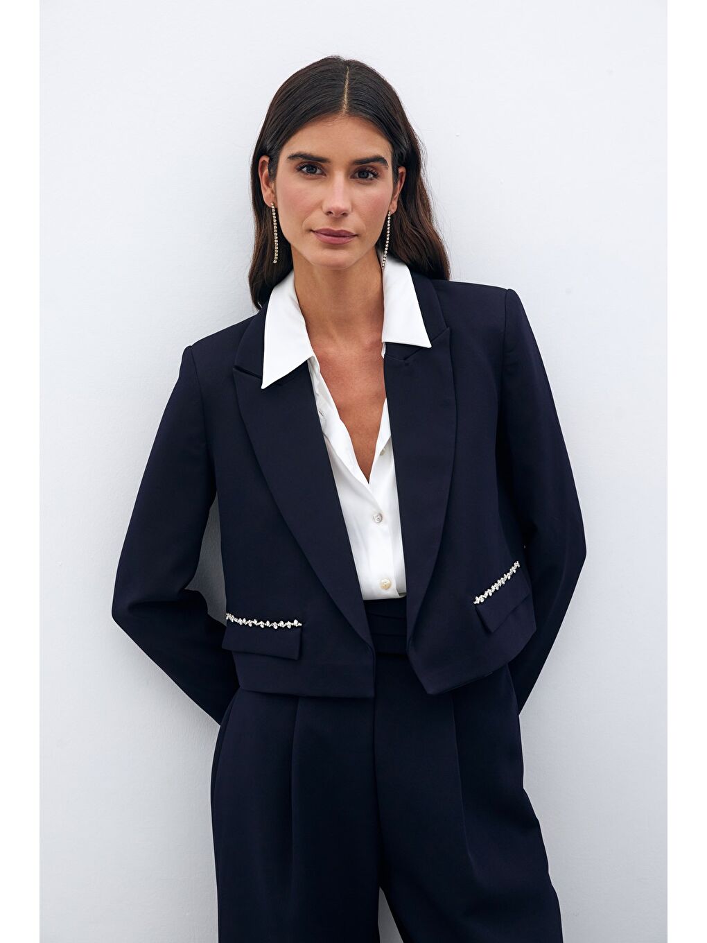 Cep Taş Detaylı Kısa Ceket - Lacivert