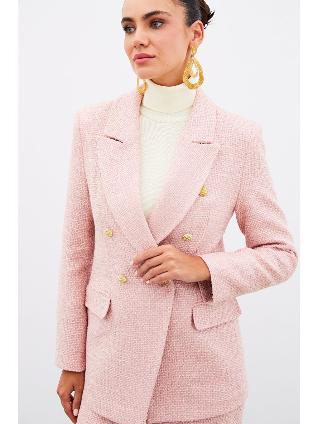 Pembe Düğme Detaylı Tüvit Ceket - Pudra-5