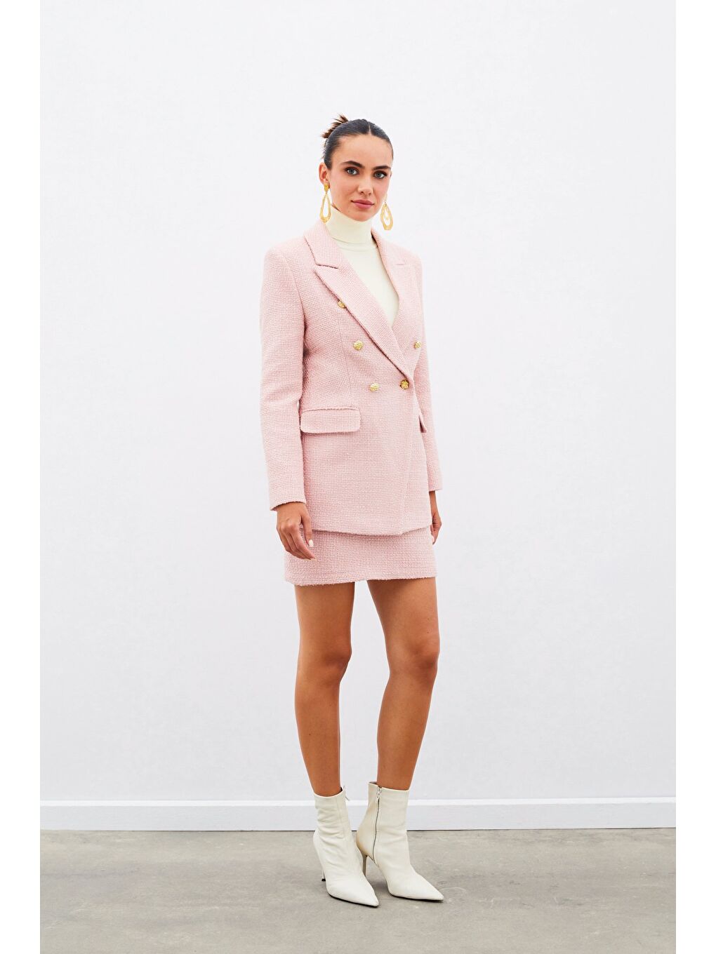 Pembe Düğme Detaylı Tüvit Ceket - Pudra-6