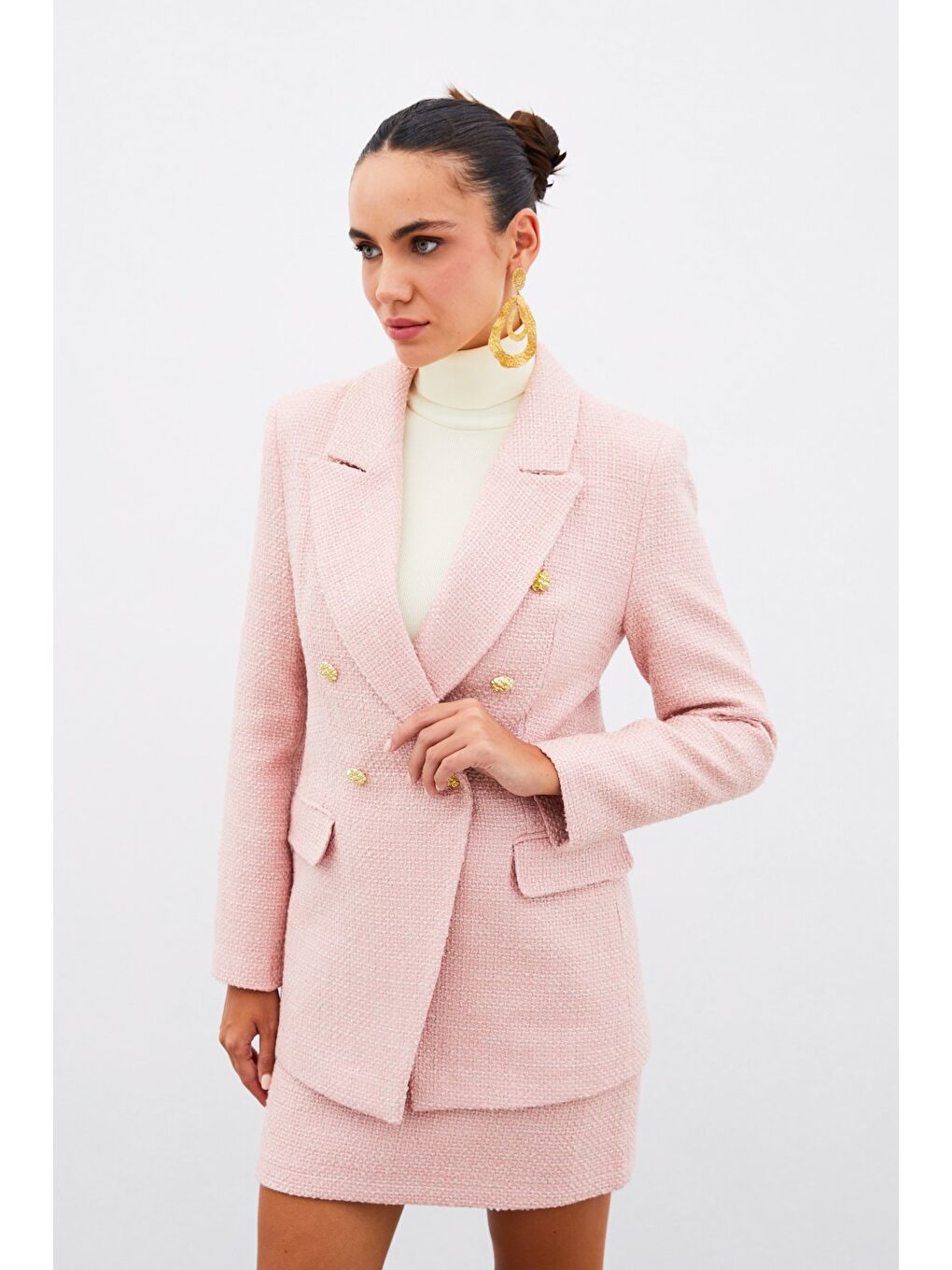 Pembe Düğme Detaylı Tüvit Ceket - Pudra-7