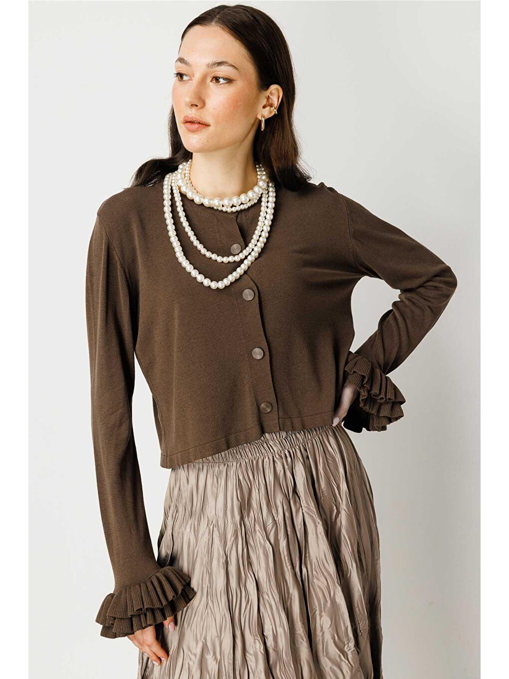 Kahverengi Volanlı Midi Boy Hırka - Koyu Kahve-4