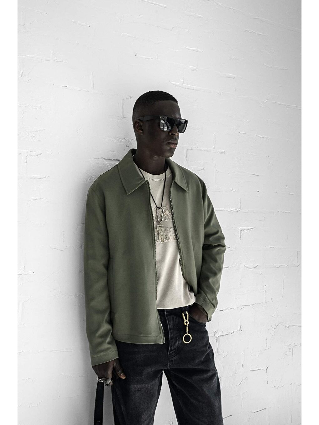 Erkek Relaxed Fit Fermuarlı İnce Yağlı Görünümlü Ceket Yeşil-7