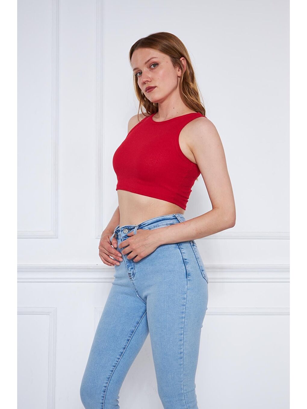 Kadın Crop Top Kırmızı Basic Bluz-2