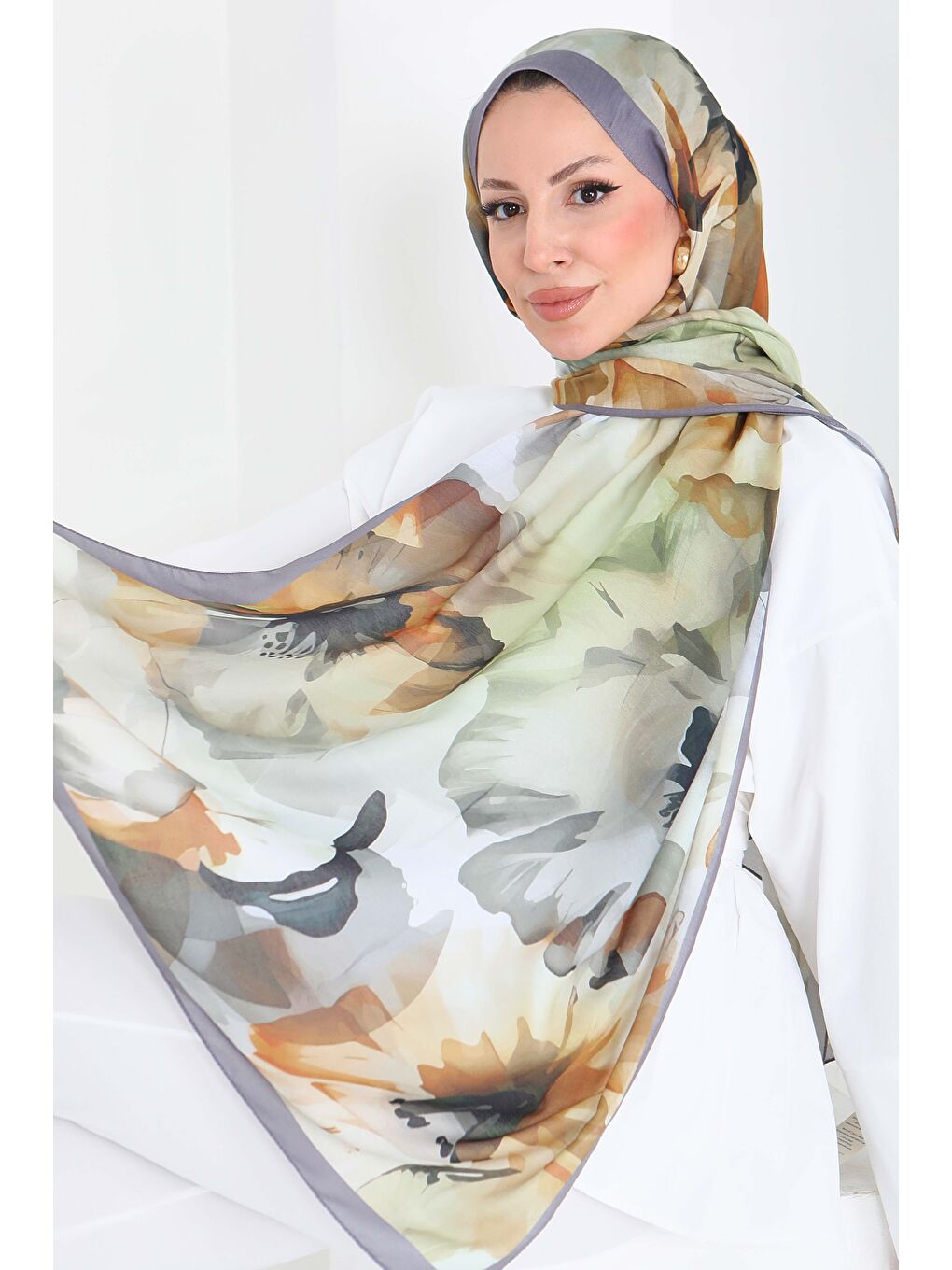 Pastel Flora Serisi Pamuk Şal Haki - 27857-HAKI