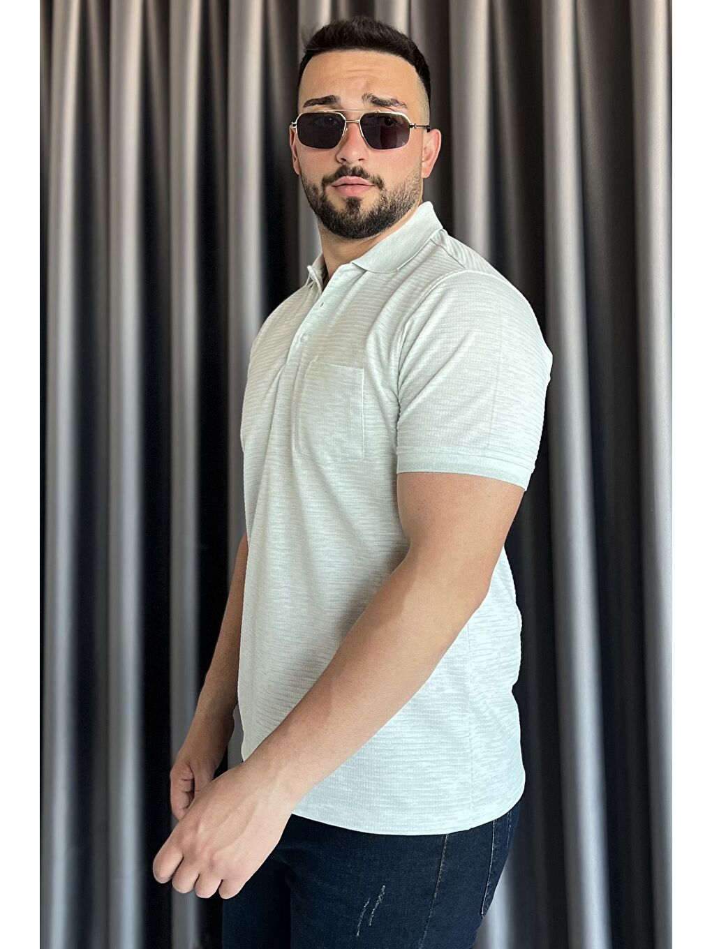 Yeşil Erkek Polo Yaka Yarım Düğmeli Cepli Tişört-1