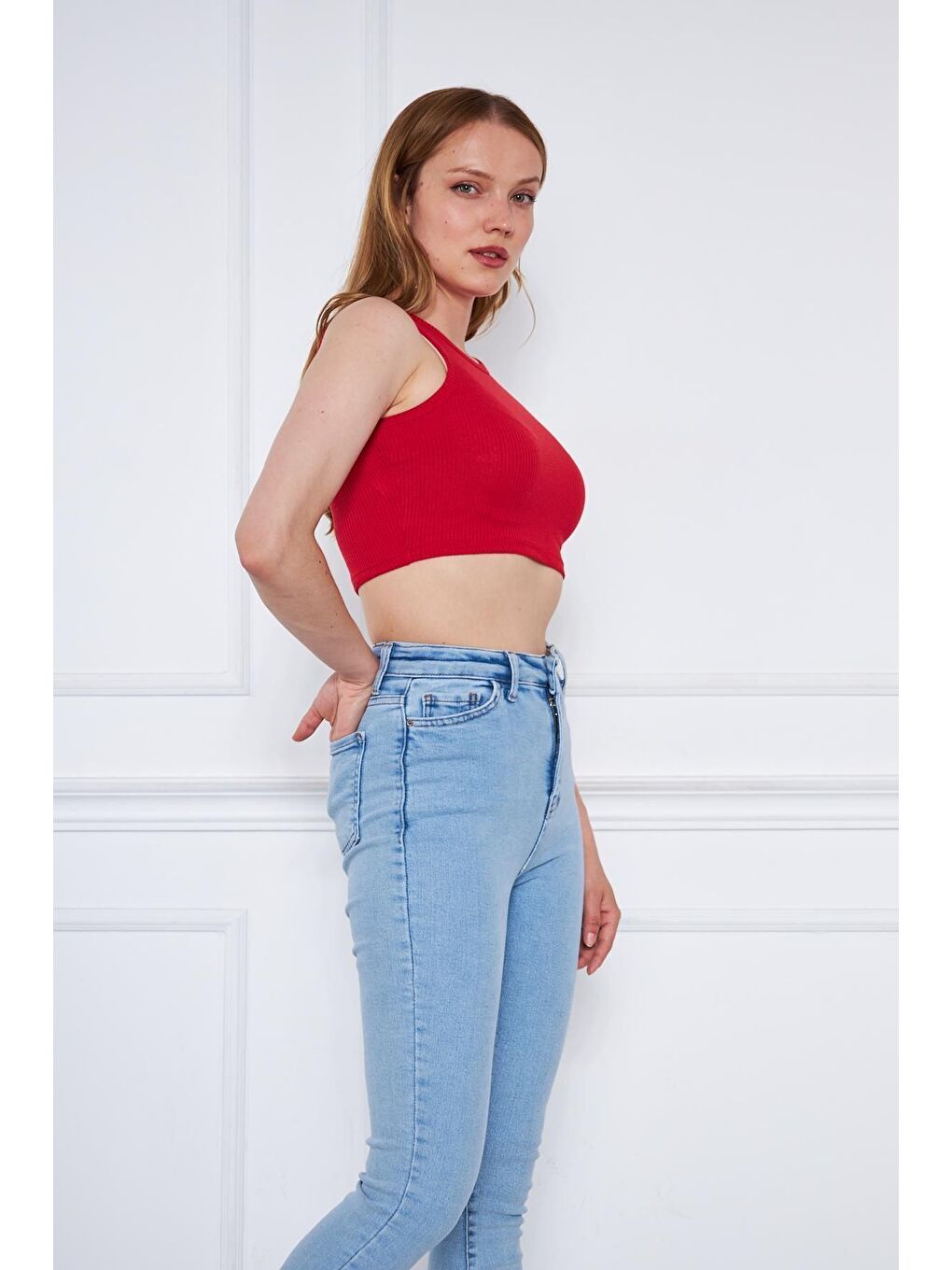 Kadın Crop Top Kırmızı Basic Bluz-4