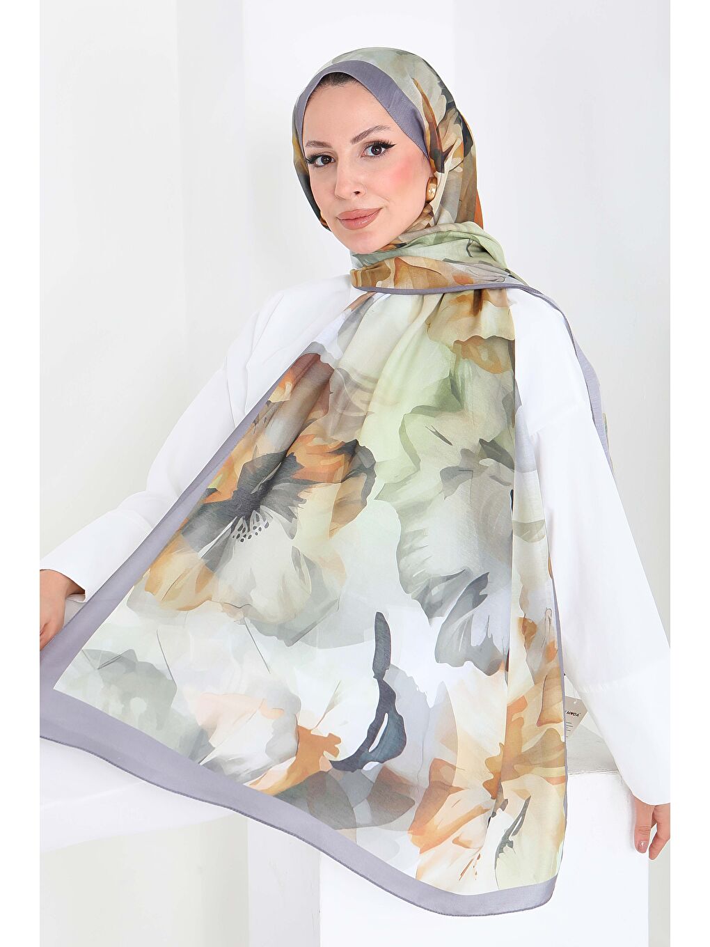 Pastel Flora Serisi Pamuk Şal Haki - 27857-HAKI-1