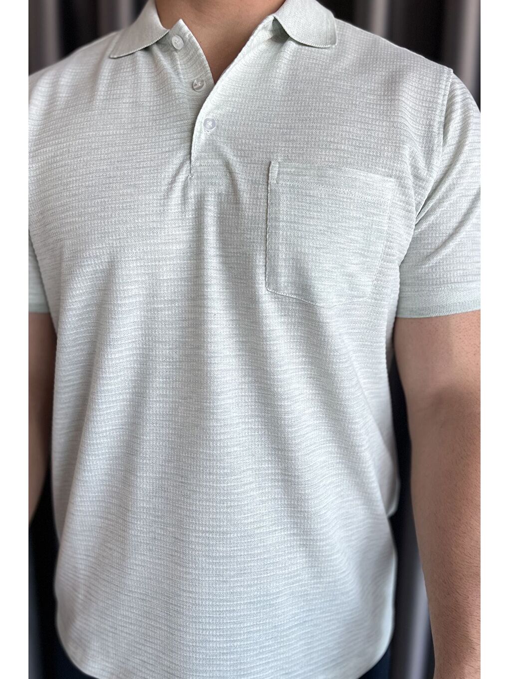 Yeşil Erkek Polo Yaka Yarım Düğmeli Cepli Tişört-3