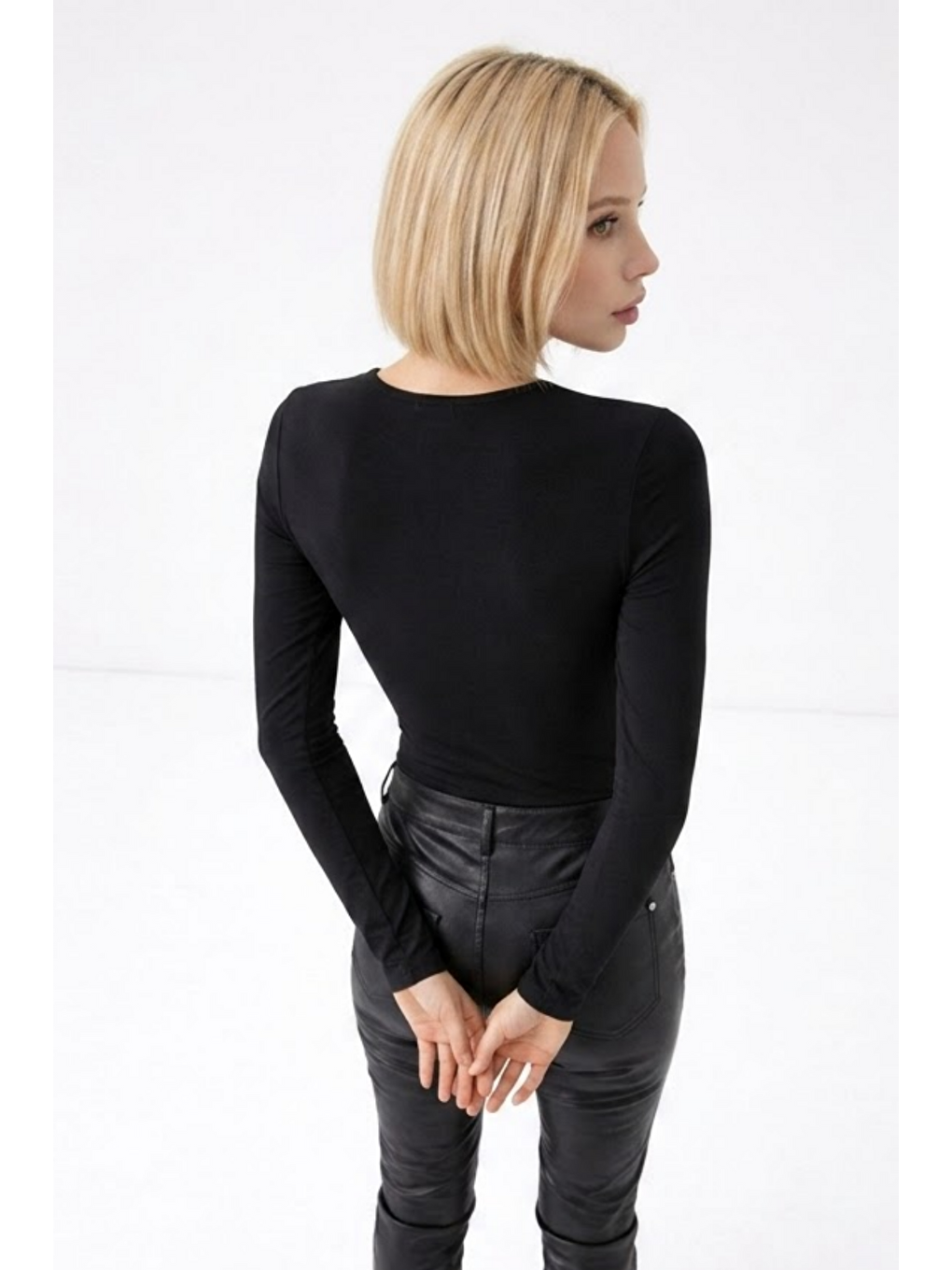 Kadın Günlük Fashion Dar Siyah Tişört-5