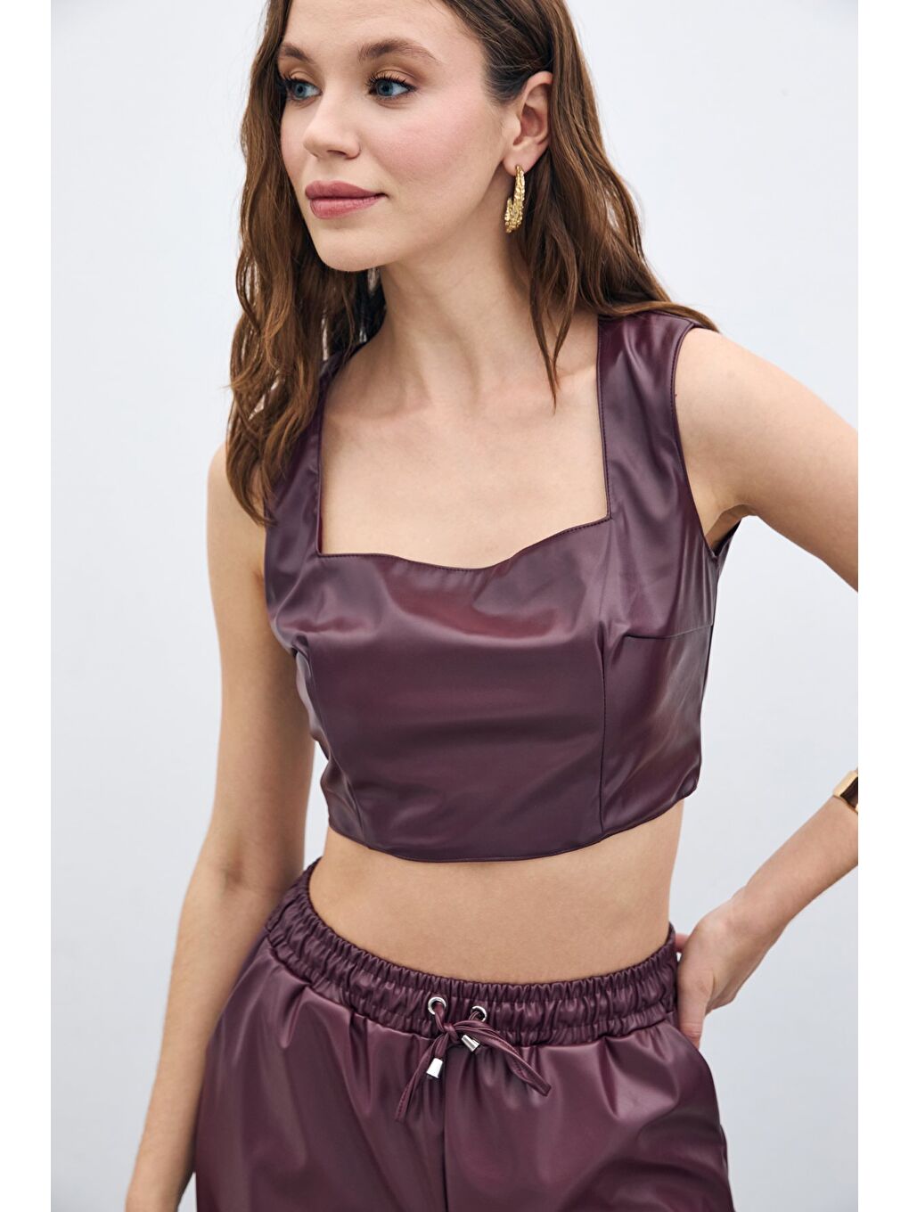 Kare Yaka Deri Crop - Bordo-1