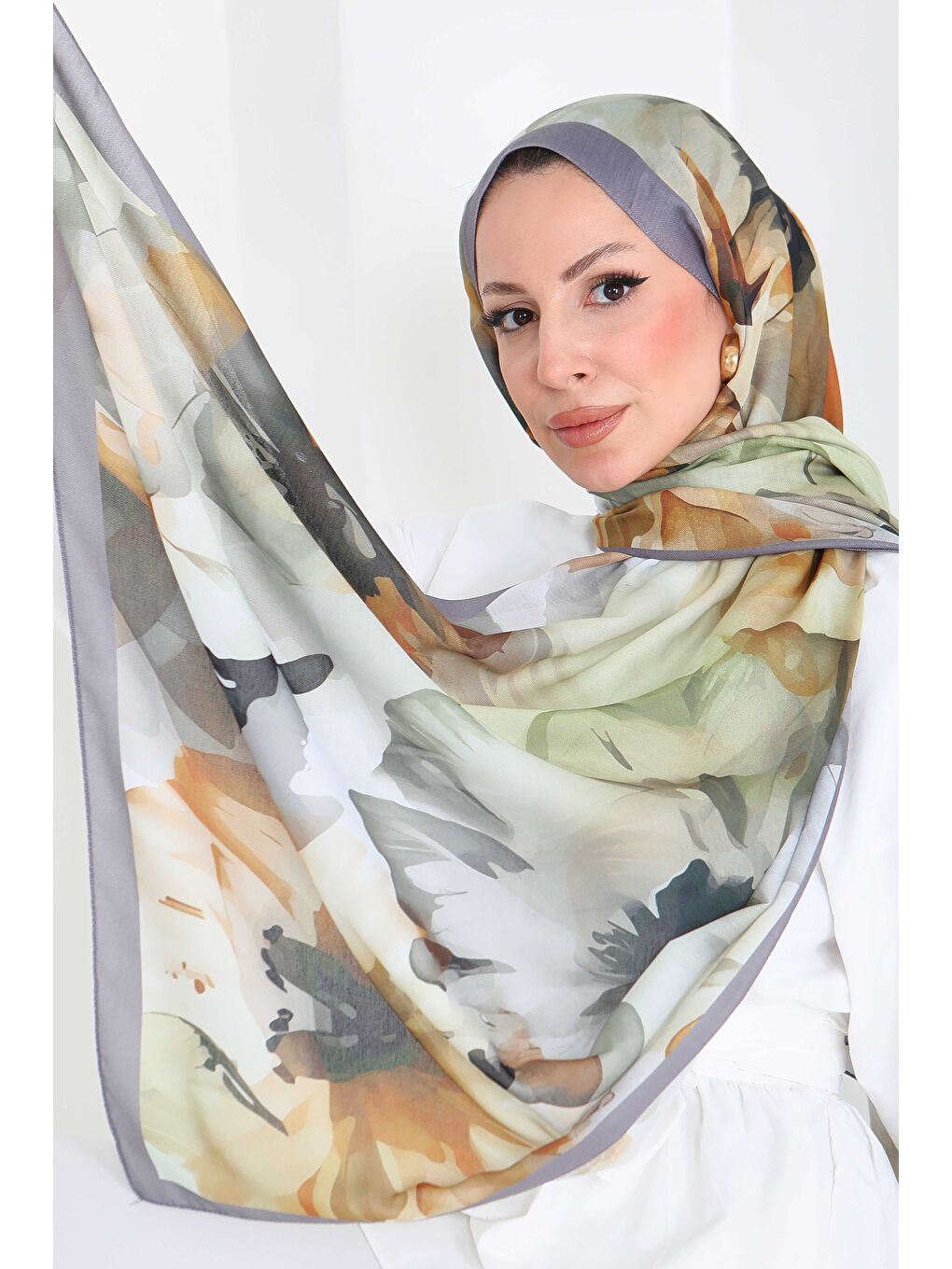 Pastel Flora Serisi Pamuk Şal Haki - 27857-HAKI-2