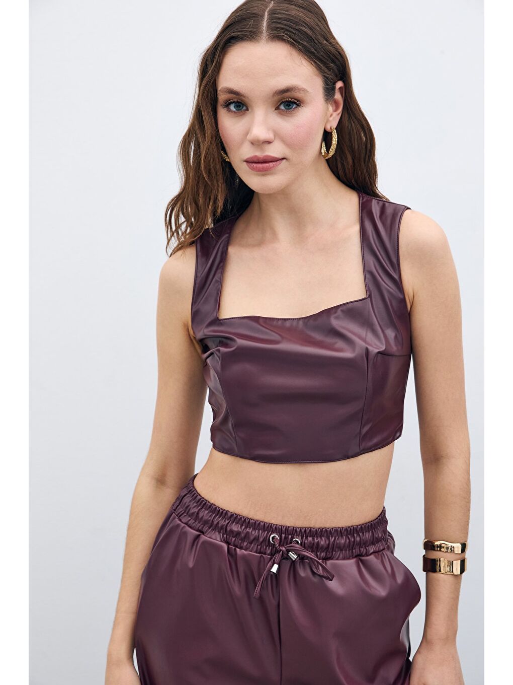 Kare Yaka Deri Crop - Bordo-2