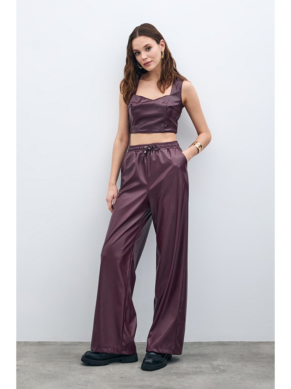 Kare Yaka Deri Crop - Bordo-3