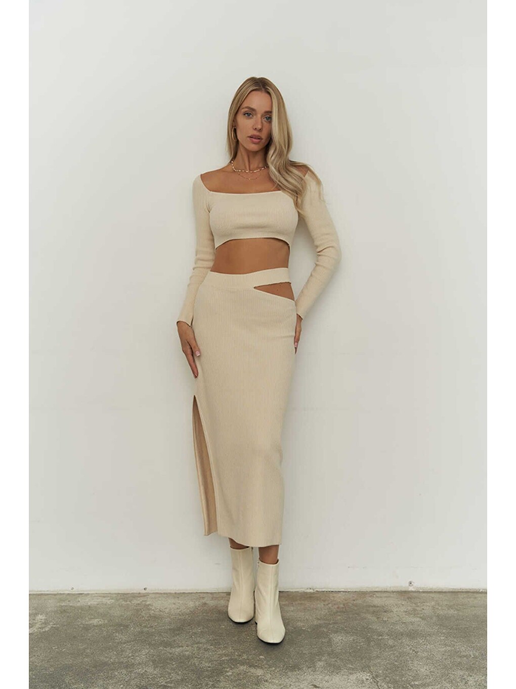 Sabrina Bej Triko Etek-crop Takım-1