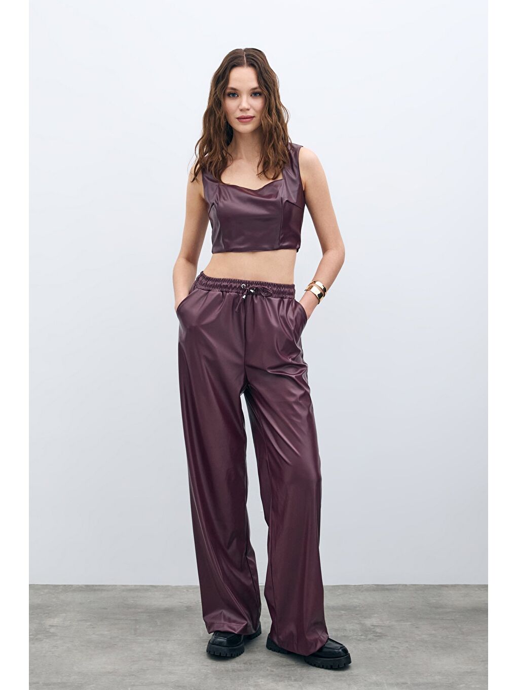 Kare Yaka Deri Crop - Bordo-4