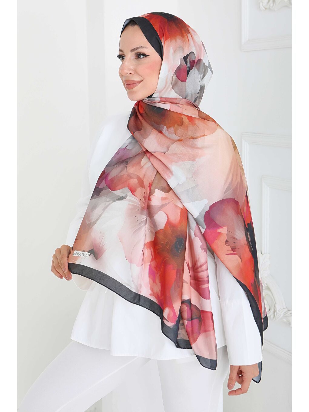 Turuncu Pastel Flora Serisi Pamuk Şal Oranj - 27857-ORANJ-1