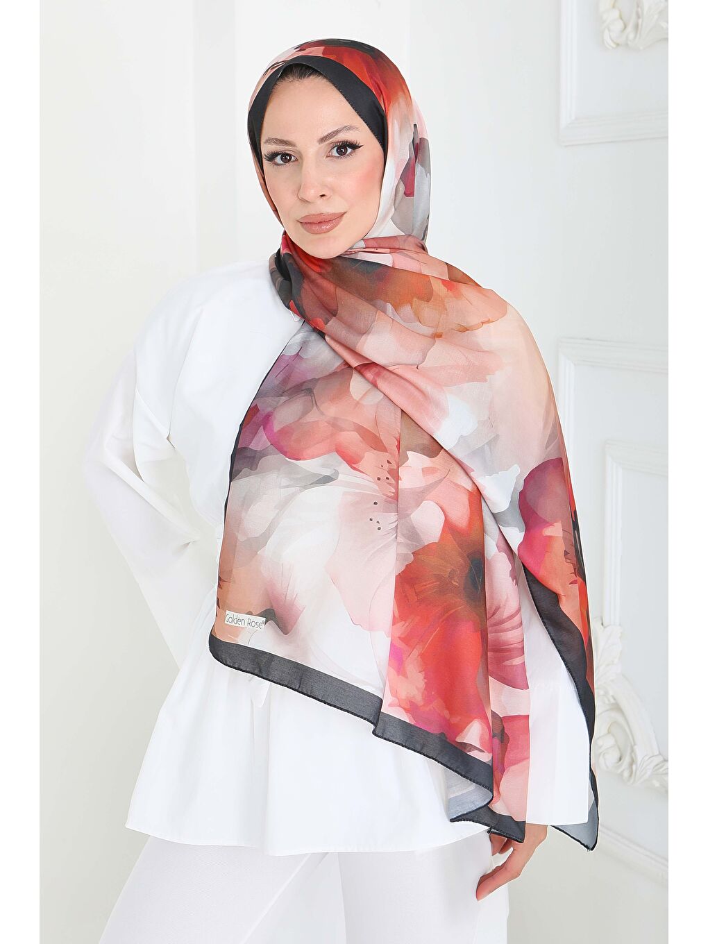 Turuncu Pastel Flora Serisi Pamuk Şal Oranj - 27857-ORANJ-2