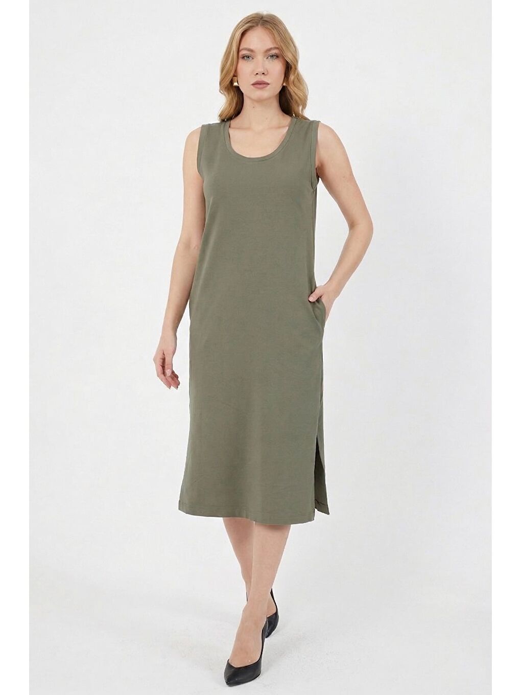 Haki Fitilli Bisiklet Yaka Mini Boy Triko Elbise