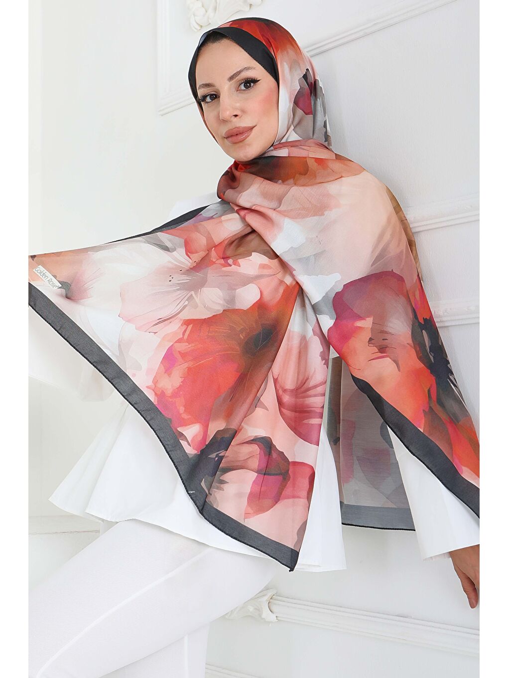 Turuncu Pastel Flora Serisi Pamuk Şal Oranj - 27857-ORANJ-3