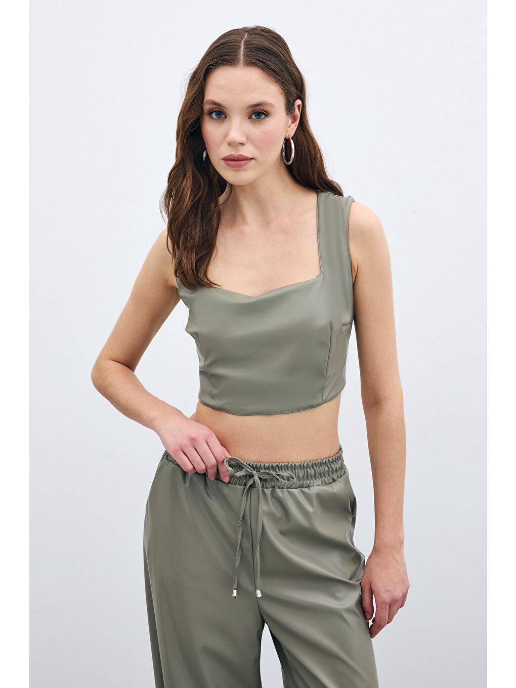 Kare Yaka Deri Crop - Çağla Yeşili-1