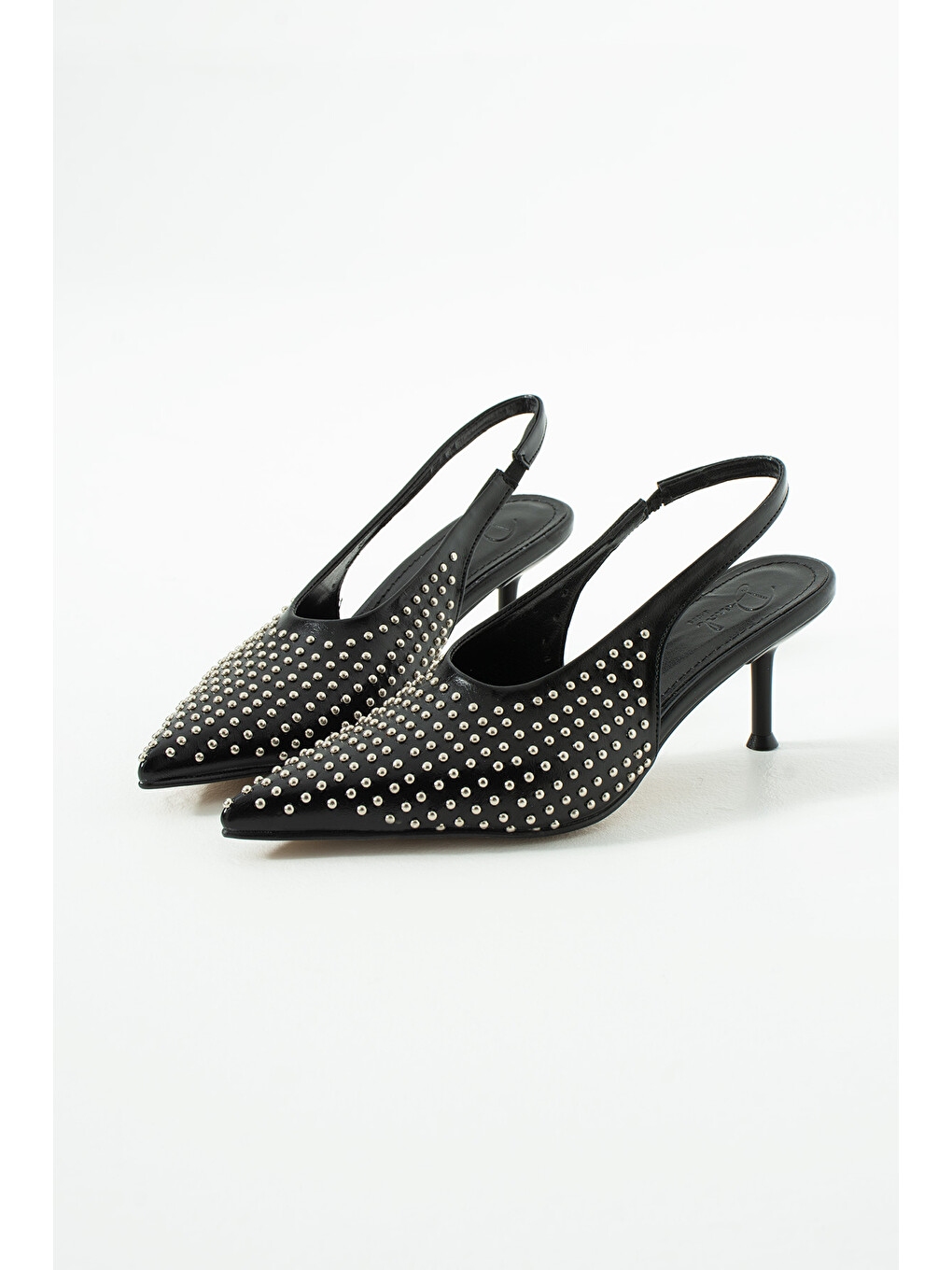 Joy Siyah Cilt Zımba Detaylı Sivri Burun Slingback Topuklu Ayakkabı-2