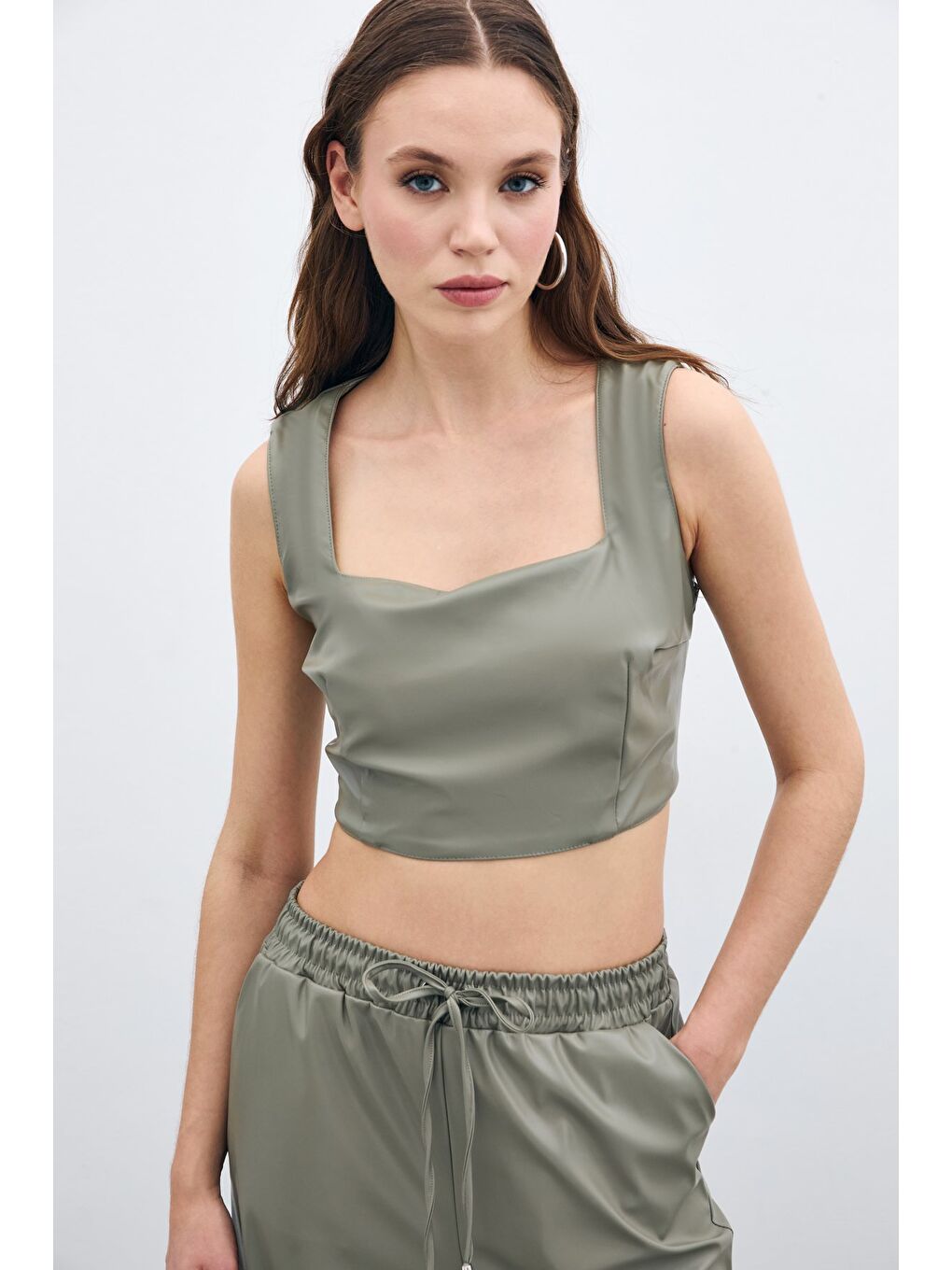 Kare Yaka Deri Crop - Çağla Yeşili-2