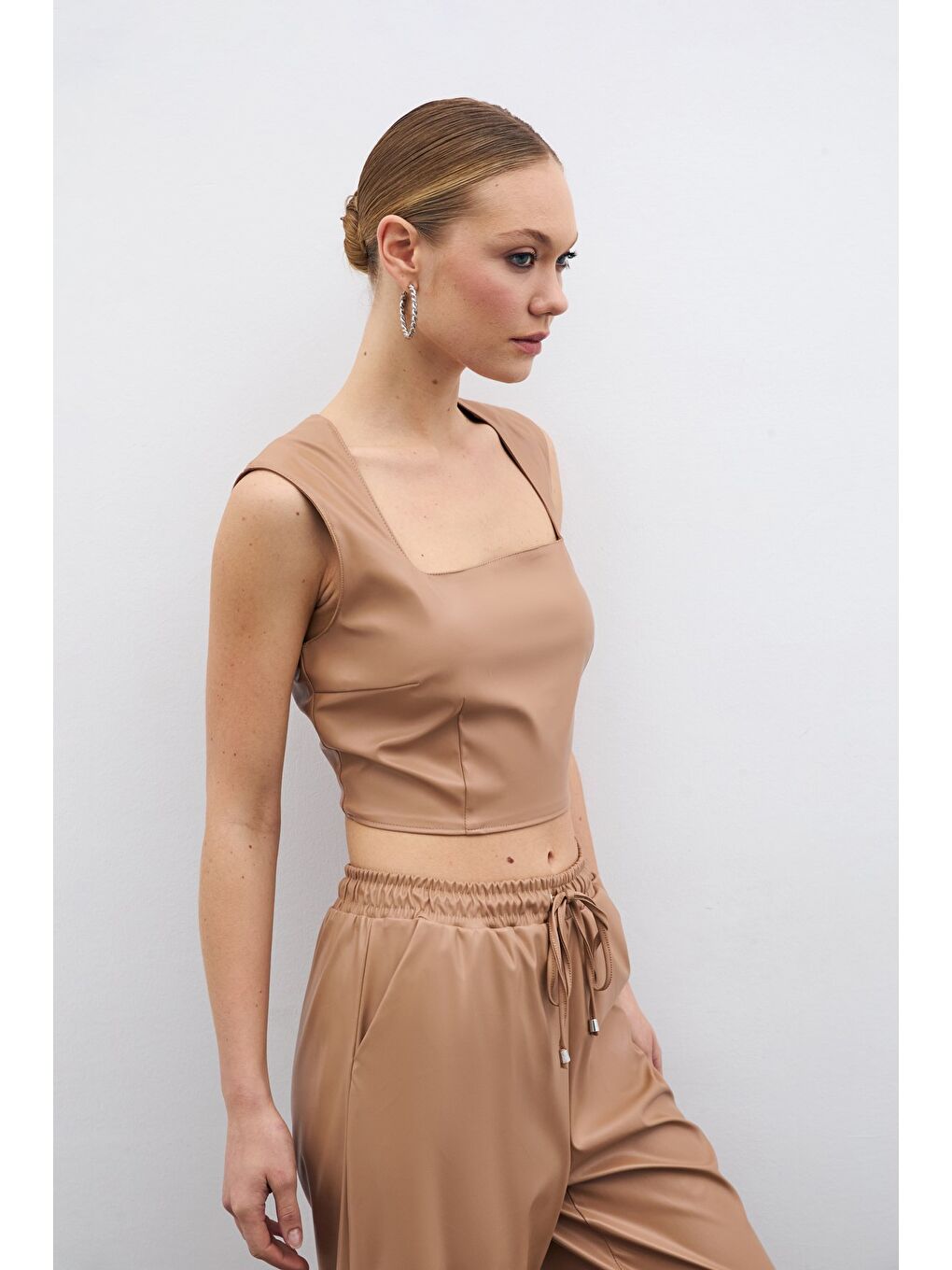 Kare Yaka Deri Crop - Bej-2