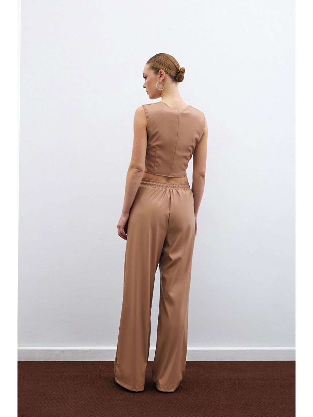 Kare Yaka Deri Crop - Bej-3