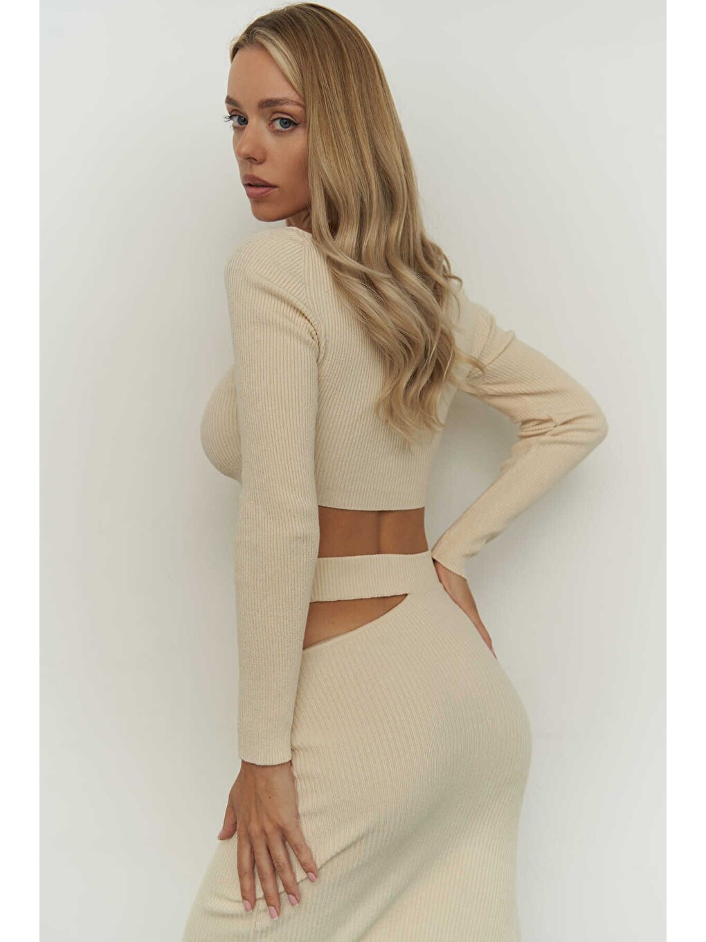 Sabrina Bej Triko Etek-crop Takım-5