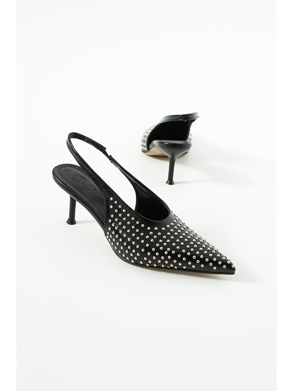 Joy Siyah Cilt Zımba Detaylı Sivri Burun Slingback Topuklu Ayakkabı-3