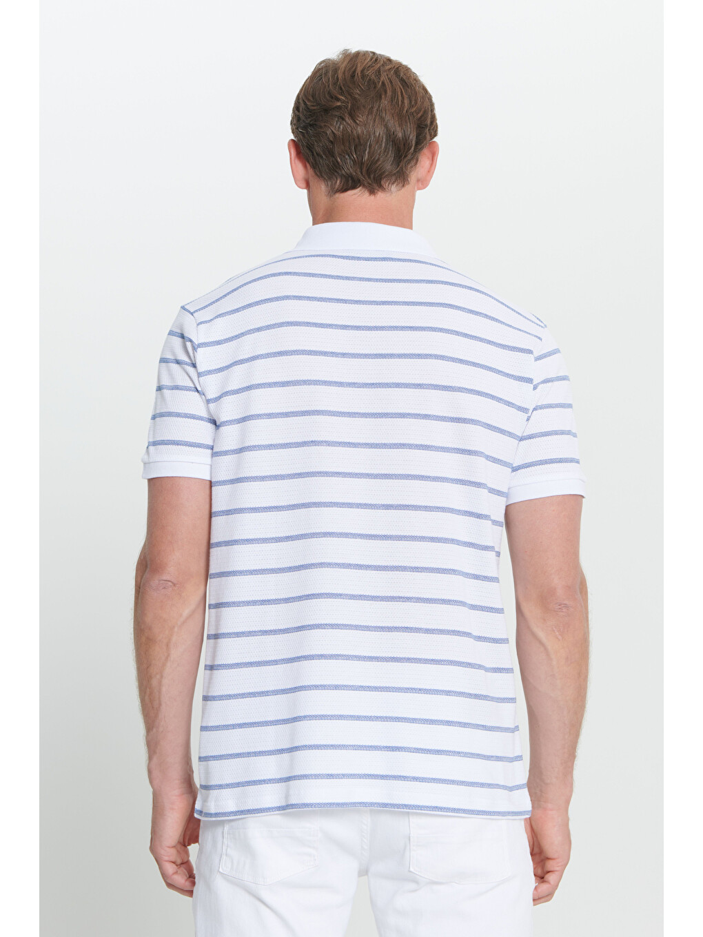 Erkek Beyaz-lacivert Slim Fit Dar Kesim Pamuklu Çizgili Polo Yaka Tişört-4