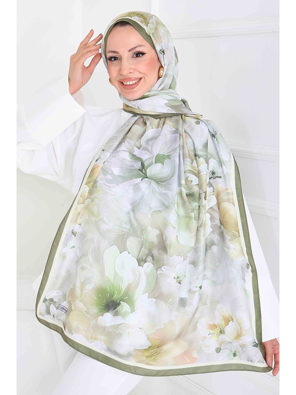 Floral Whisper Serisi Pamuk Şal Yağ Yeşili - 27853-YAG-YESILI