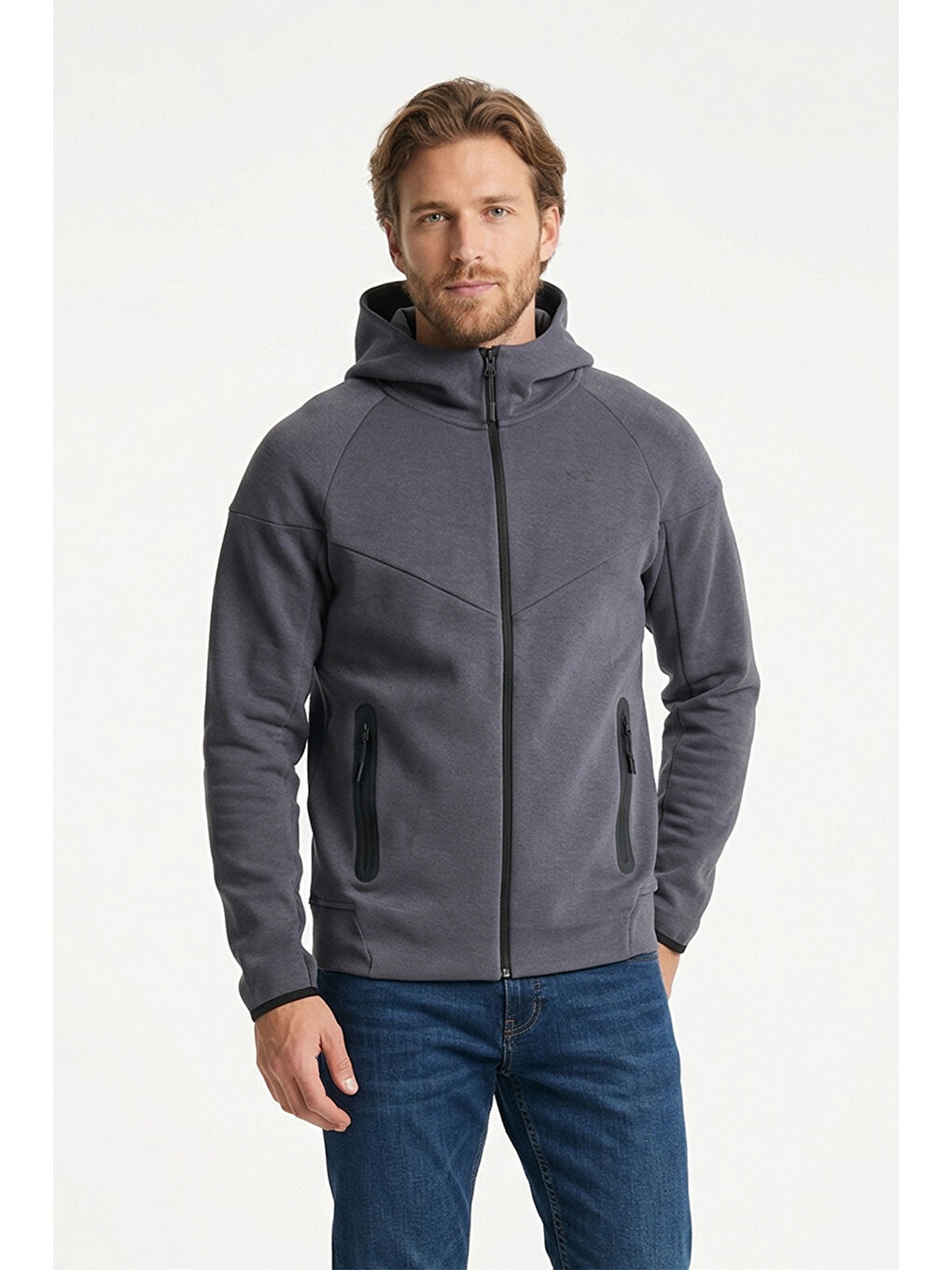 Gri Erkek İçi Şardonlu Kapüşonlu Sweatshirt 7097 Füme