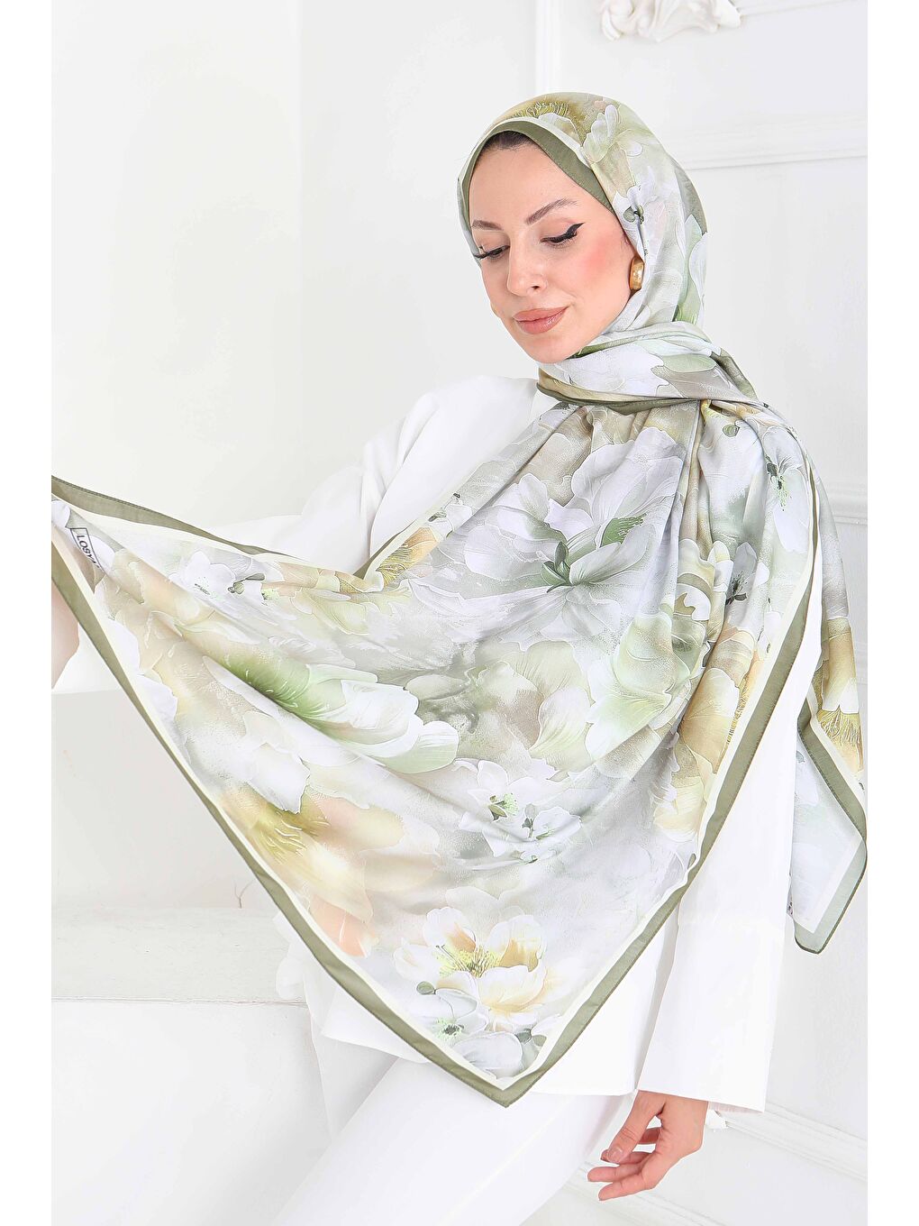 Floral Whisper Serisi Pamuk Şal Yağ Yeşili - 27853-YAG-YESILI-1