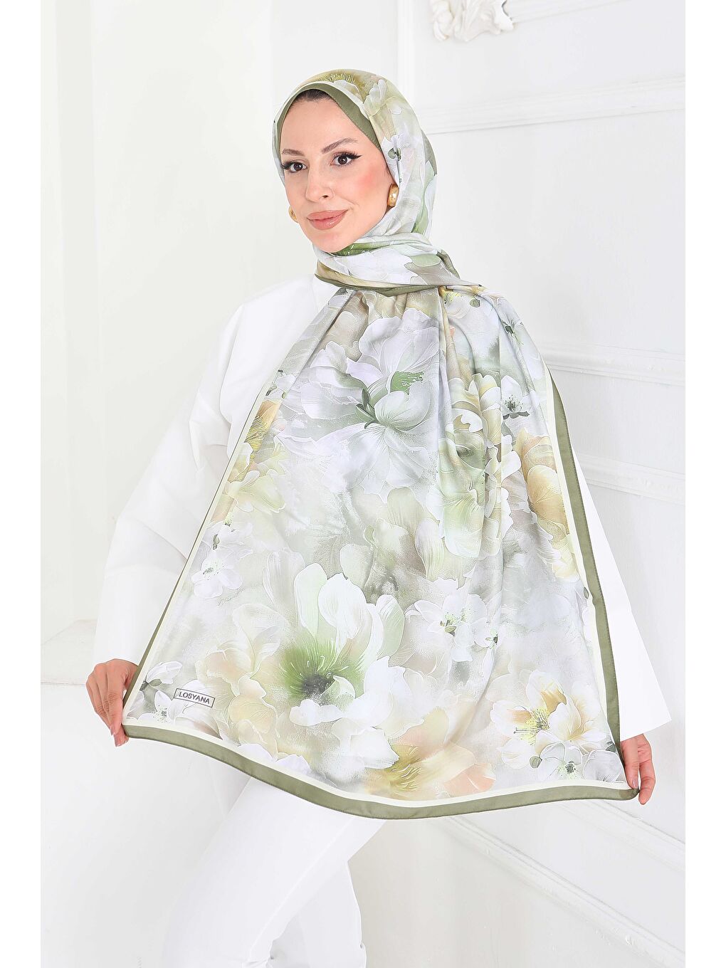 Floral Whisper Serisi Pamuk Şal Yağ Yeşili - 27853-YAG-YESILI-2