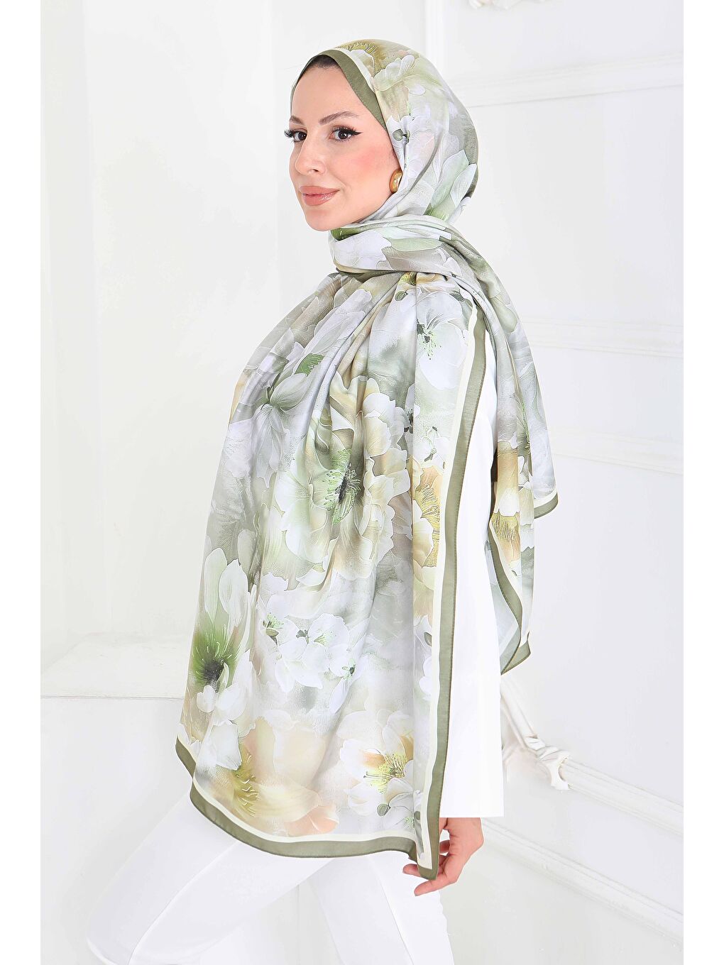 Floral Whisper Serisi Pamuk Şal Yağ Yeşili - 27853-YAG-YESILI-3