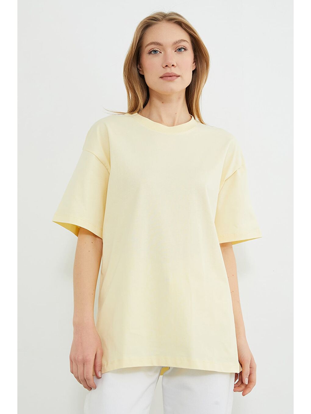 Sarı Basic Bisiklet Yaka Oversize Tişört