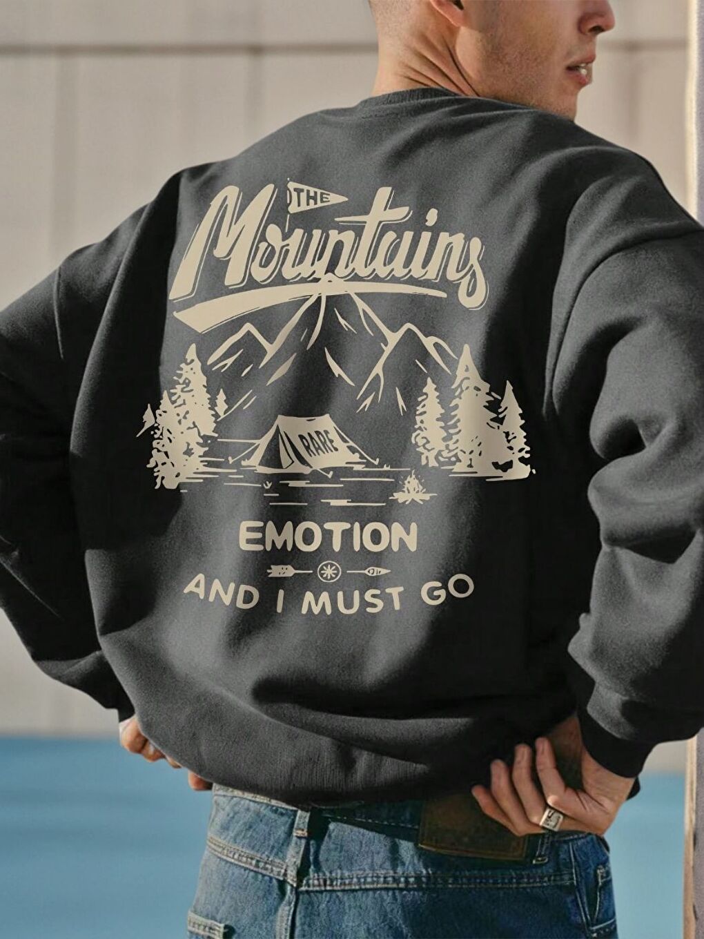 Gri Erkek Füme Mountains EMOTİON Baskılı Oversize Bisiklet Yaka Uzun Kollu Sweatshirt